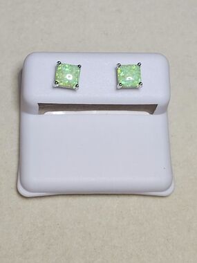 Green Natural Opal Square Stud Earrings - 925 Sterling Silver